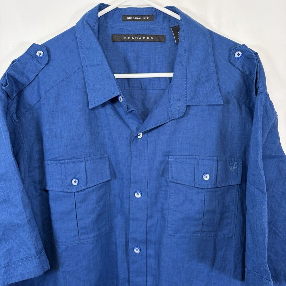 Sean John Short Sleeve Button Up Shirt Mens 3XL Blue Linen Cotton Blend Pockets